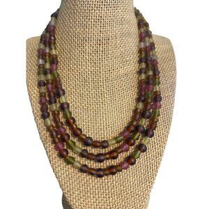 Vintage 3 Strand Glass Bead Necklace Matte Beads Muted Purple Green Yellow Adj